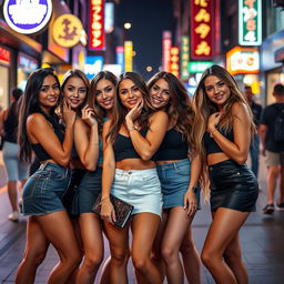 A group of attractive women wearing short skirts, each with a confident and alluring pose