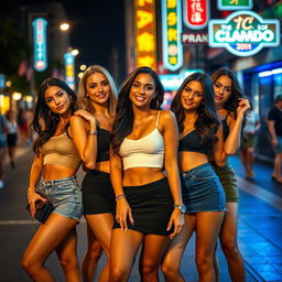 A group of attractive women wearing short skirts, each with a confident and alluring pose