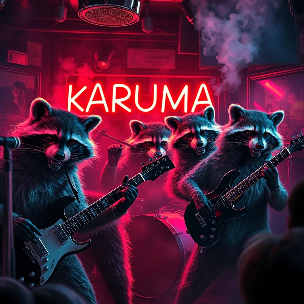 A hyper-realistic scene depicting a band of angry raccoons, each with detailed fur and expressive faces, playing rock music with intense energy in a dark and hazy jazz club