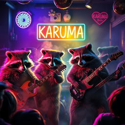 A hyper-realistic scene depicting a band of angry raccoons, each with detailed fur and expressive faces, playing rock music with intense energy in a dark and hazy jazz club