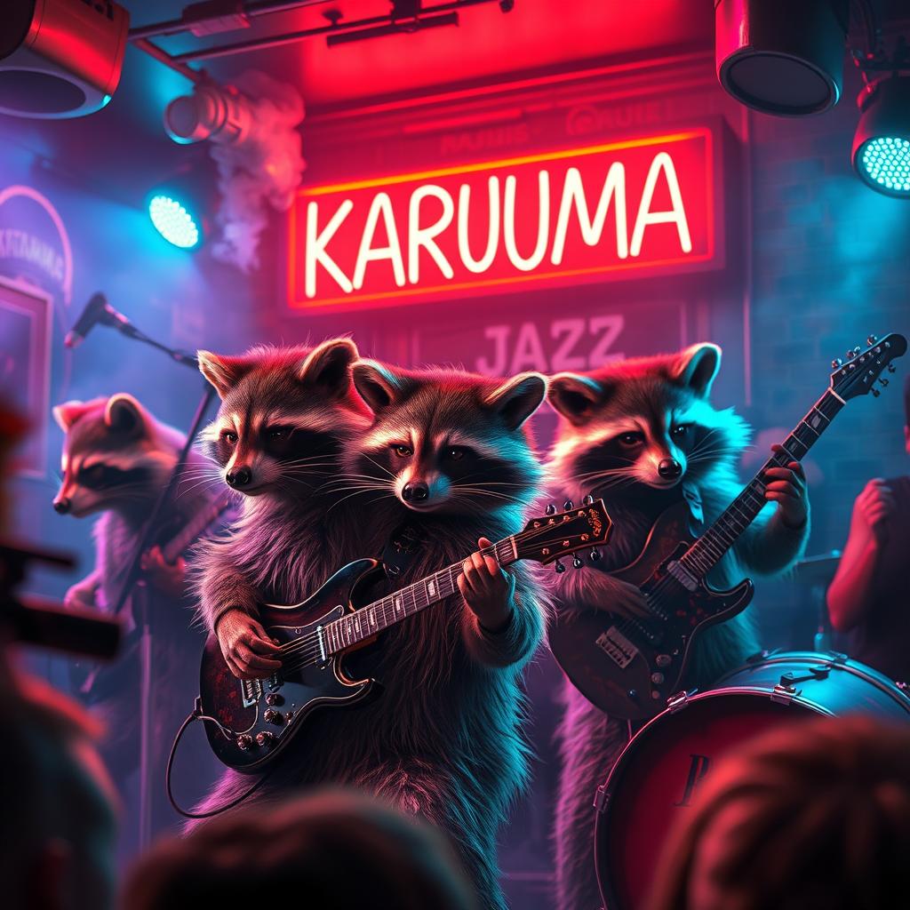 A hyper-realistic scene depicting a band of angry raccoons, each with detailed fur and expressive faces, playing rock music with intense energy in a dark and hazy jazz club