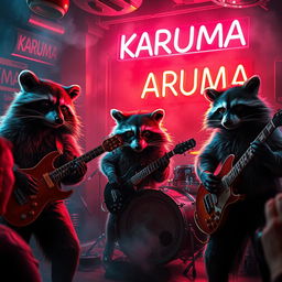 A hyper-realistic scene depicting a band of angry raccoons, each with detailed fur and expressive faces, playing rock music with intense energy in a dark and hazy jazz club