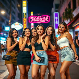 A group of attractive women wearing short skirts, each with a confident and alluring pose