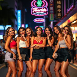 A group of attractive women wearing short skirts, each with a confident and alluring pose