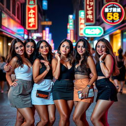 A group of attractive women wearing short skirts, each with a confident and alluring pose