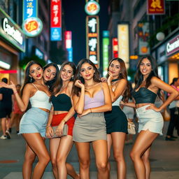 A group of attractive women wearing short skirts, each with a confident and alluring pose