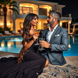 A full-body portrait of a stunning 25-year-old woman lounging by the poolside, holding a cocktail