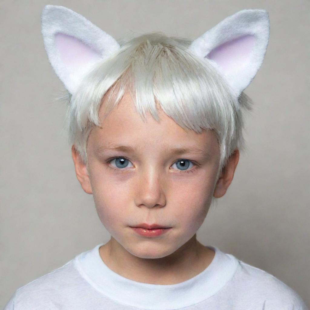 A young boy with white hair and cat ears.