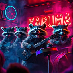 A hyper-realistic scene of five angry raccoons with expressive faces and detailed fur, energetically playing rock music in a dark and hazy jazz club