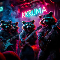 A hyper-realistic scene of five angry raccoons with expressive faces and detailed fur, energetically playing rock music in a dark and hazy jazz club