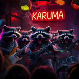 A hyper-realistic scene of five angry raccoons with expressive faces and detailed fur, energetically playing rock music in a dark and hazy jazz club