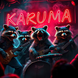 A hyper-realistic scene of five angry raccoons with expressive faces and detailed fur, energetically playing rock music in a dark and hazy jazz club