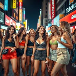 A lively scene of a group of attractive, confident women wearing stylish short skirts and trendy outfits, embodying a sense of allure and playfulness