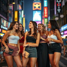 A lively scene of a group of attractive, confident women wearing stylish short skirts and trendy outfits, embodying a sense of allure and playfulness