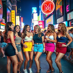 A vibrant scene featuring a group of confident and stylish women in short skirts, capturing the essence of a fun and energetic girls' night out