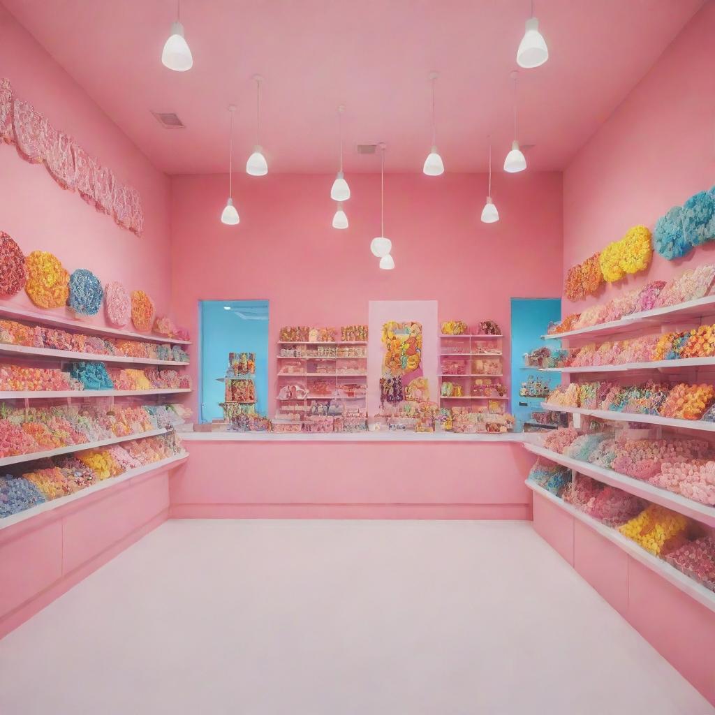 A vibrant candy shop filled with a variety of colorful, acid-infused lollipop palettes, capturing the spirit of entrepreneurship.