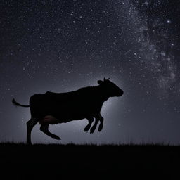 A playful cow, in mid-leap, silhouetted against a full and brightly-lit moon in a starlit night sky.