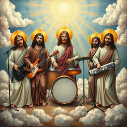 A rock band setup painted in biblical iconography style, featuring five members with traditional biblical robes and halos around their heads