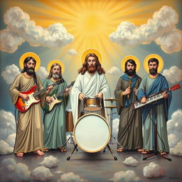 A rock band setup painted in biblical iconography style, featuring five members with traditional biblical robes and halos around their heads