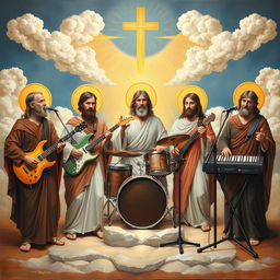 A rock band setup painted in biblical iconography style, featuring five members with traditional biblical robes and halos around their heads