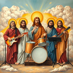 A rock band setup painted in biblical iconography style, featuring five members with traditional biblical robes and halos around their heads