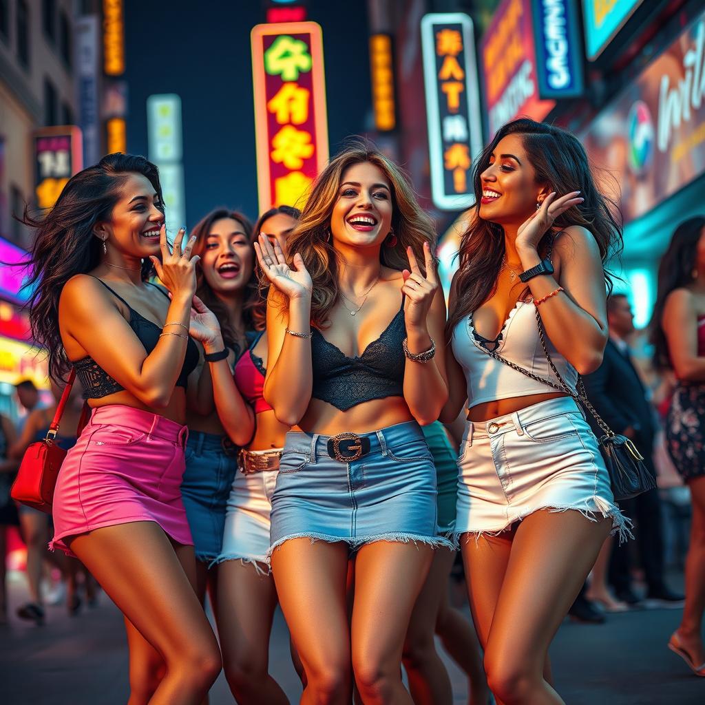 A dynamic scene depicting a group of confident and attractive women wearing chic short skirts and fashionable ensembles, exuding a sense of excitement and charisma