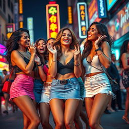 A dynamic scene depicting a group of confident and attractive women wearing chic short skirts and fashionable ensembles, exuding a sense of excitement and charisma