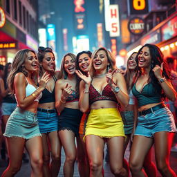 A dynamic scene depicting a group of confident and attractive women wearing chic short skirts and fashionable ensembles, exuding a sense of excitement and charisma