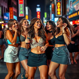 A dynamic scene depicting a group of confident and attractive women wearing chic short skirts and fashionable ensembles, exuding a sense of excitement and charisma