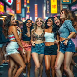 A dynamic scene depicting a group of confident and attractive women wearing chic short skirts and fashionable ensembles, exuding a sense of excitement and charisma