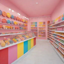 A vibrant candy shop filled with a variety of colorful, acid-infused lollipop palettes, capturing the spirit of entrepreneurship.