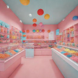 A vibrant candy shop filled with a variety of colorful, acid-infused lollipop palettes, capturing the spirit of entrepreneurship.