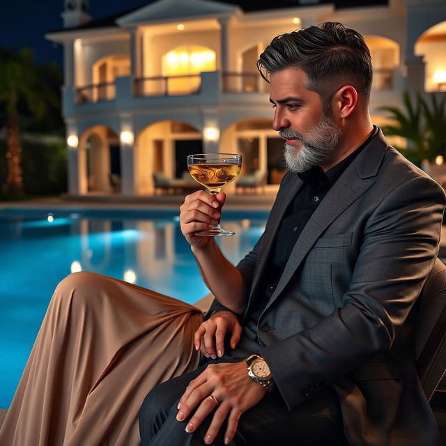 A full-body portrait of a stunning 25-year-old woman lounging by the poolside, holding a cocktail with a very sweet, angelic smile