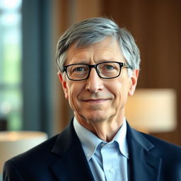 A portrait of Bill Gates, the renowned technology pioneer and philanthropist, captured in a sophisticated and composed manner