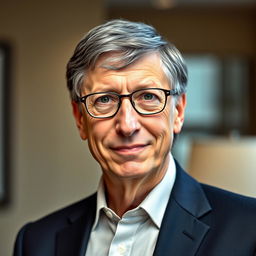 A portrait of Bill Gates, the renowned technology pioneer and philanthropist, captured in a sophisticated and composed manner