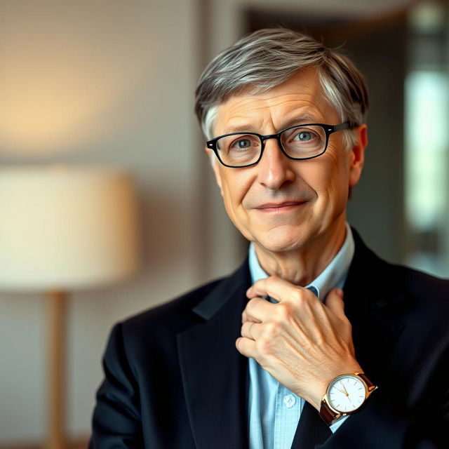 A portrait of Bill Gates, the renowned technology pioneer and philanthropist, captured in a sophisticated and composed manner