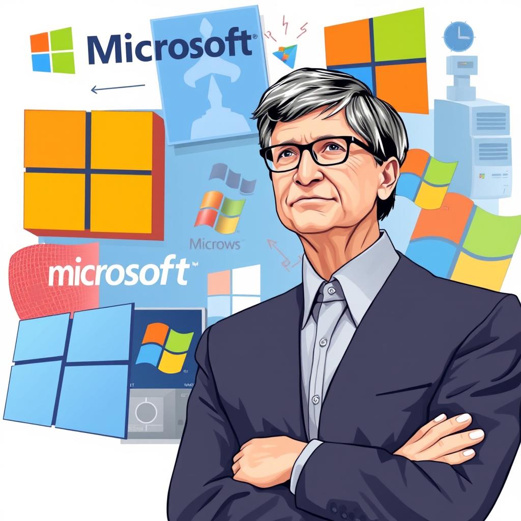 A creative illustration showcasing Bill Gates alongside iconic Microsoft imagery