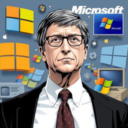 A creative illustration showcasing Bill Gates alongside iconic Microsoft imagery