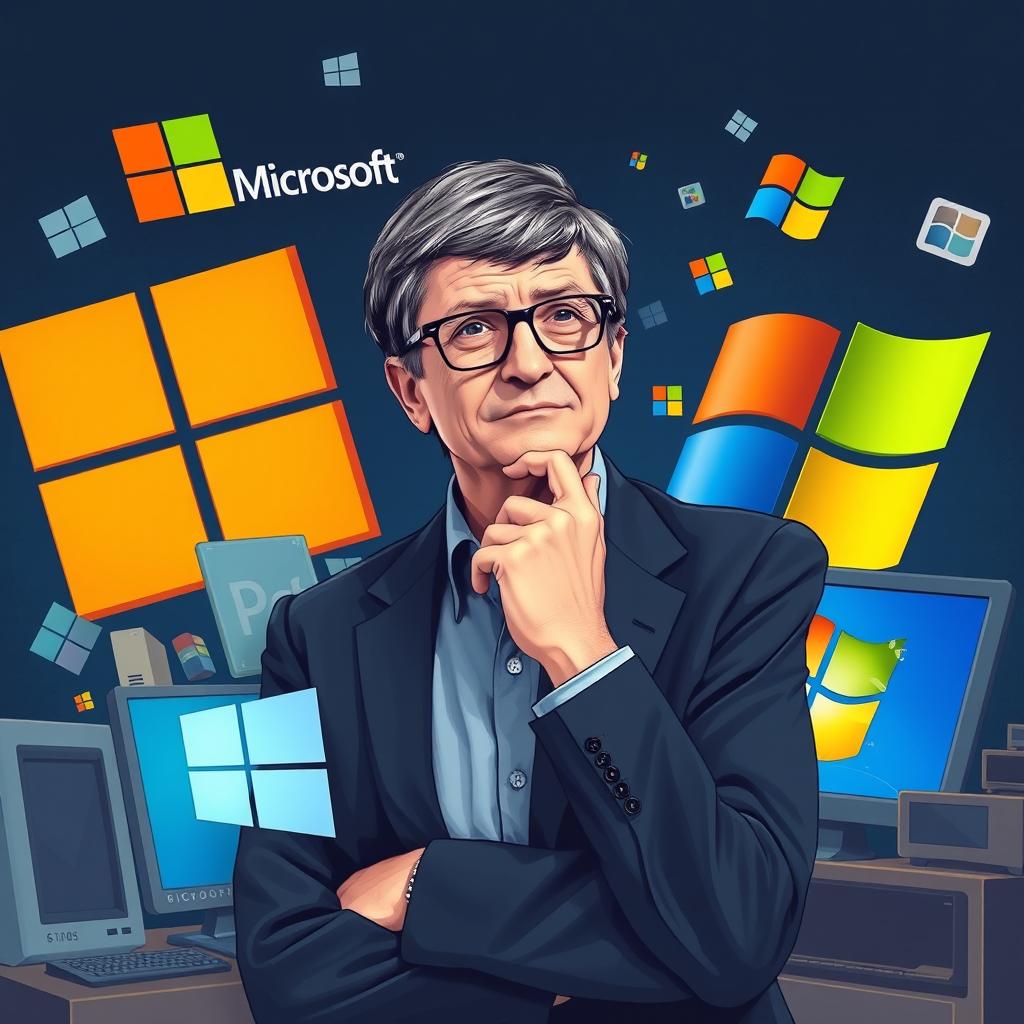 A creative illustration showcasing Bill Gates alongside iconic Microsoft imagery