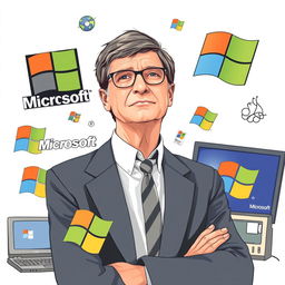 A creative illustration showcasing Bill Gates alongside iconic Microsoft imagery