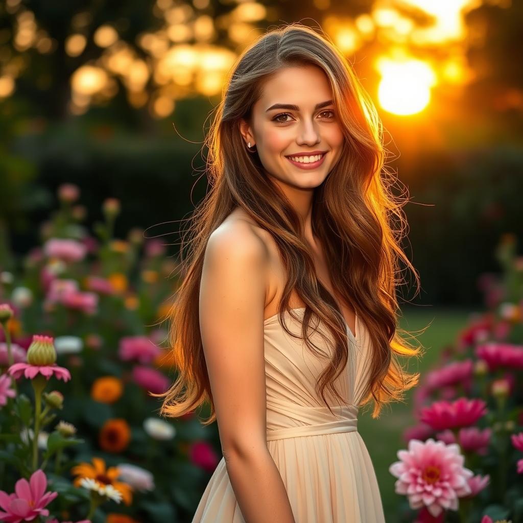 A beautiful young woman with long flowing hair, wearing an elegant dress, standing in a serene garden with flowers in full bloom around her