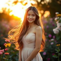 A beautiful young woman with long flowing hair, wearing an elegant dress, standing in a serene garden with flowers in full bloom around her