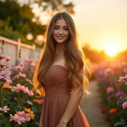 A beautiful young woman with long flowing hair, wearing an elegant dress, standing in a serene garden with flowers in full bloom around her