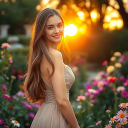 A beautiful young woman with long flowing hair, wearing an elegant dress, standing in a serene garden with flowers in full bloom around her