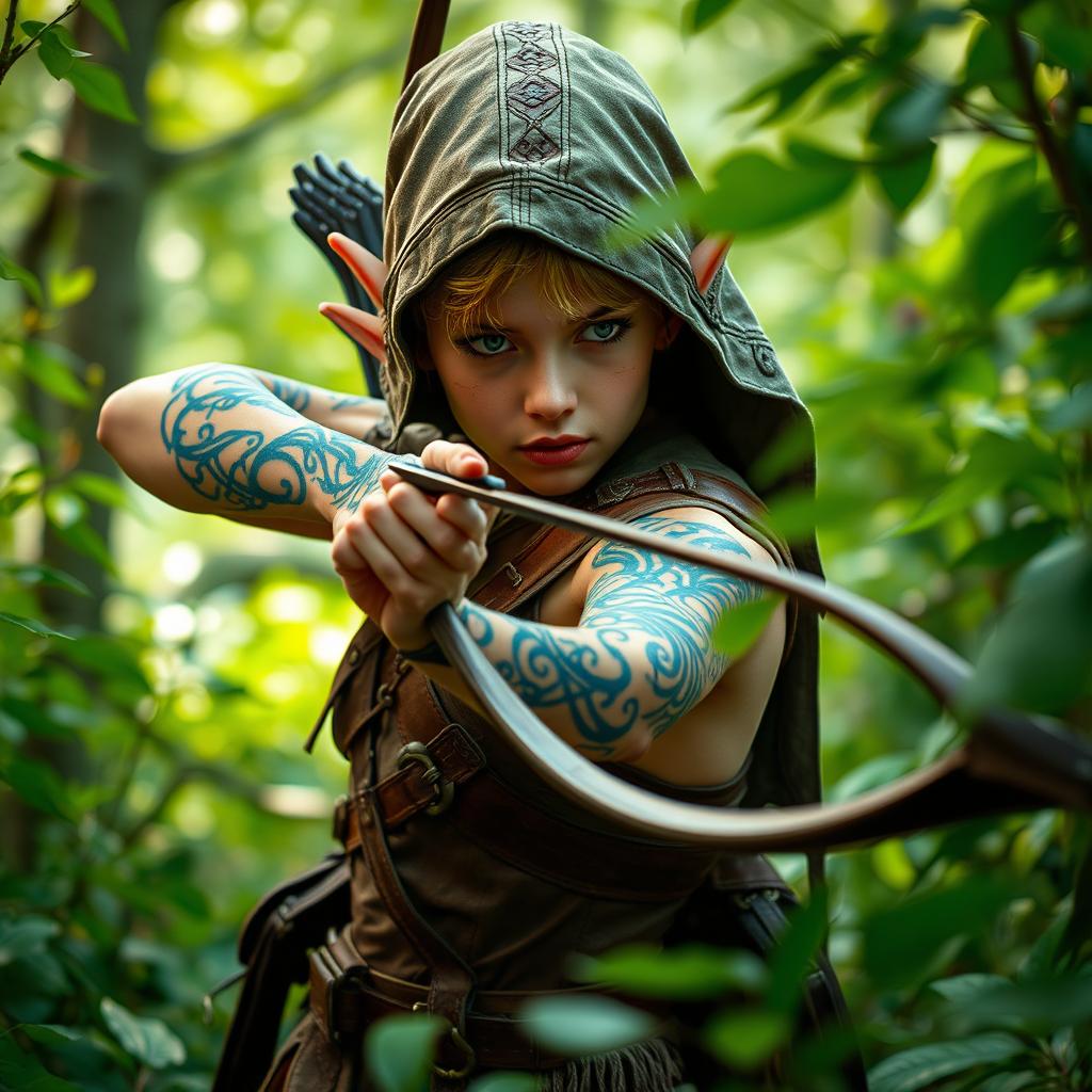 An agile elf scout poised with a sleek, elegantly crafted bow, their figure silent and vigilant amidst a lush, enchanted forest