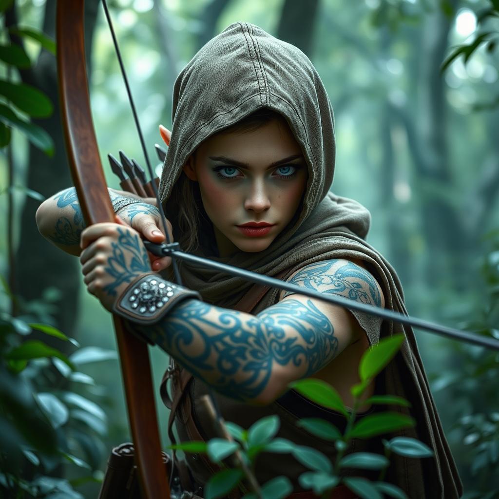 An agile elf scout poised with a sleek, elegantly crafted bow, their figure silent and vigilant amidst a lush, enchanted forest