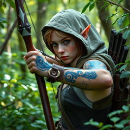 An agile elf scout poised with a sleek, elegantly crafted bow, their figure silent and vigilant amidst a lush, enchanted forest