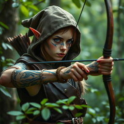 An agile elf scout poised with a sleek, elegantly crafted bow, their figure silent and vigilant amidst a lush, enchanted forest