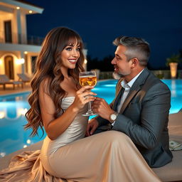 A full-body portrait of a stunning 25-year-old woman lounging by the poolside, holding a cocktail with a very sweet, angelic smile