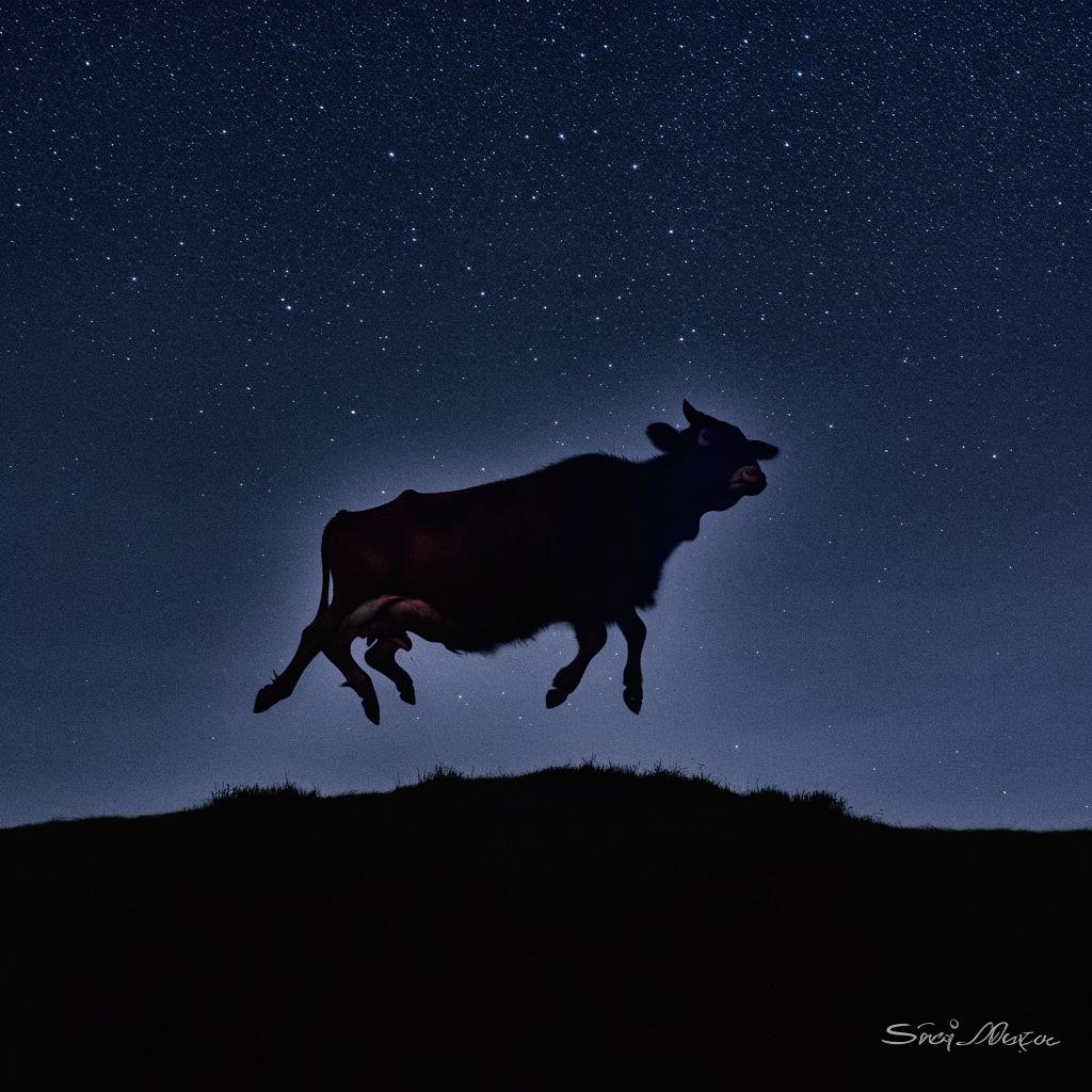 A playful cow, in mid-leap, silhouetted against a full and brightly-lit moon in a starlit night sky.